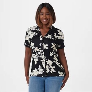 Isaac Mizrahi Live! L Printed Knit Camp Shirt Button Up Short Sleeve NWOT